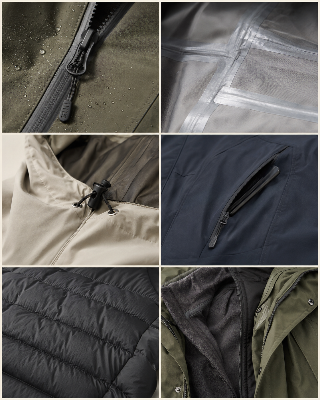 Outerwear fabric, zipper, seam taping and construction details