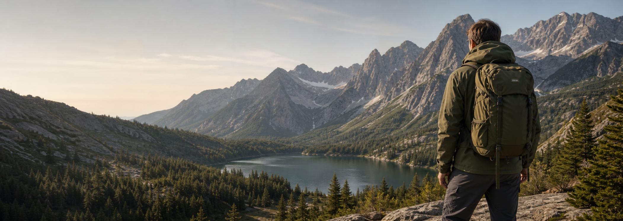 Mountain trail and outdoor backpacker