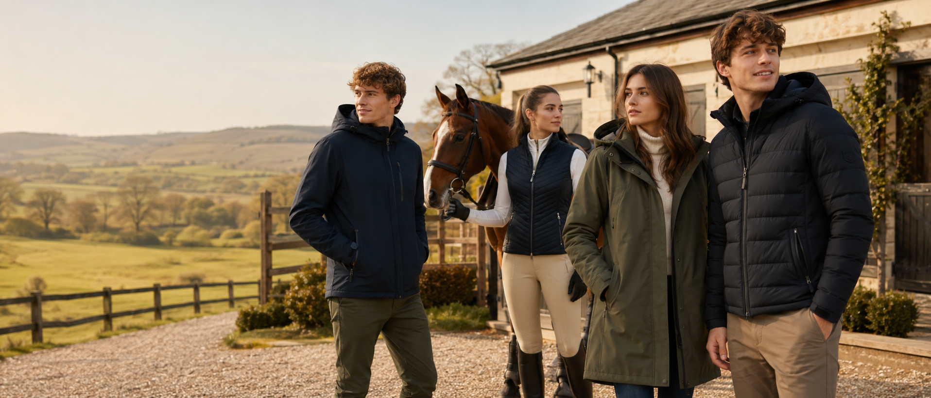 Outdoor outerwear collection in a countryside setting